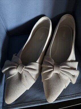 Vivaia Pointed-Toe Silver Bow Flats Elegant Style (Azura) Comfort Shoe EUC